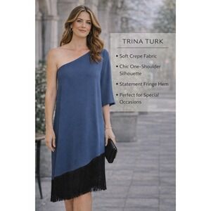 Trina Turk Gull Dress One Shoulder Fringe Hem Slate Blue XS NEW $298